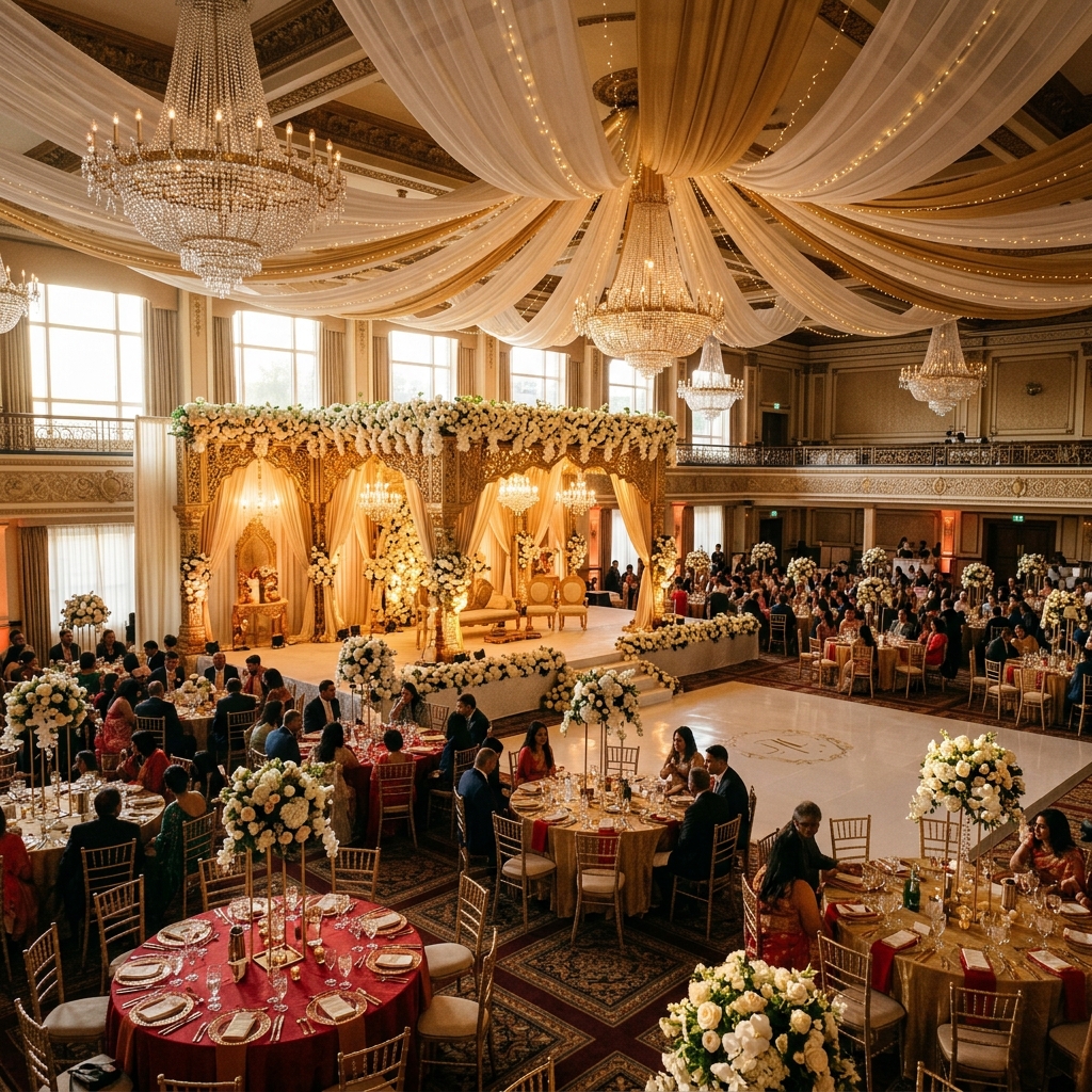 Grand Asian wedding reception hall in Leicester with gold mandap and crystal chandeliers