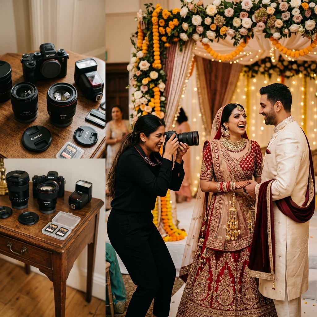 Professional wedding photographer capturing South Asian bride at elegant UK wedding venue