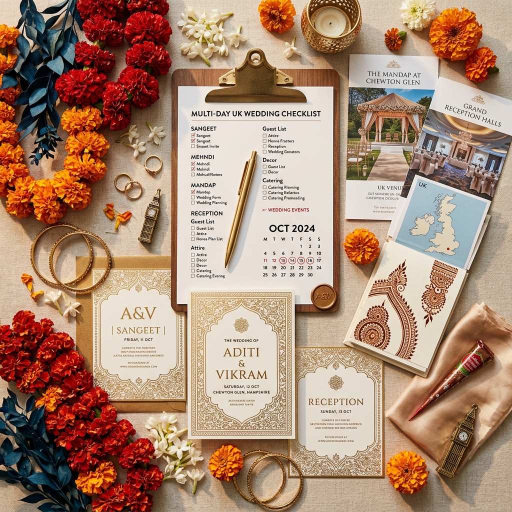 Elegant wedding planning flatlay with gold stationery, marigold flowers, and mehndi patterns