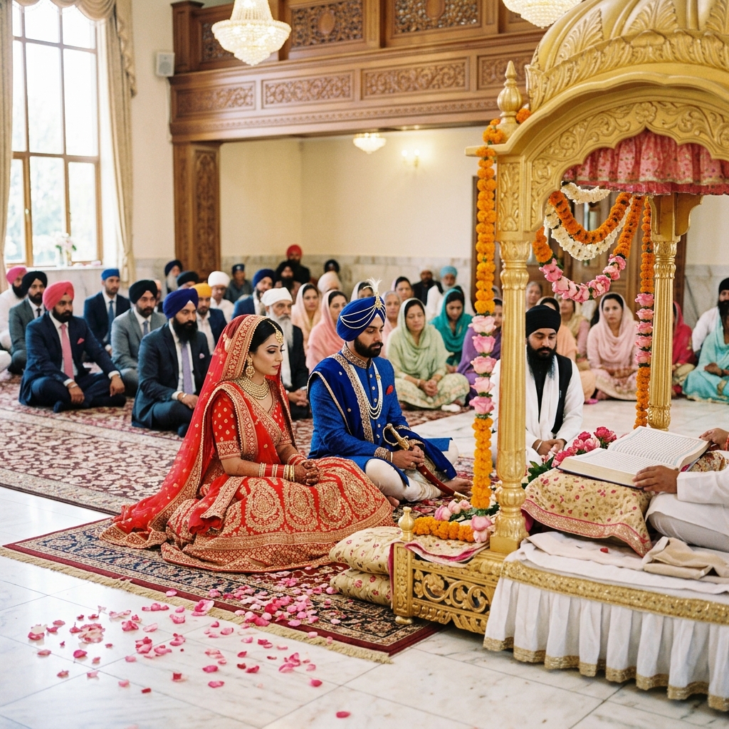 Sikh couple during Anand Karaj ceremony in a UK Gurdwara, surrounded by pink rose petals